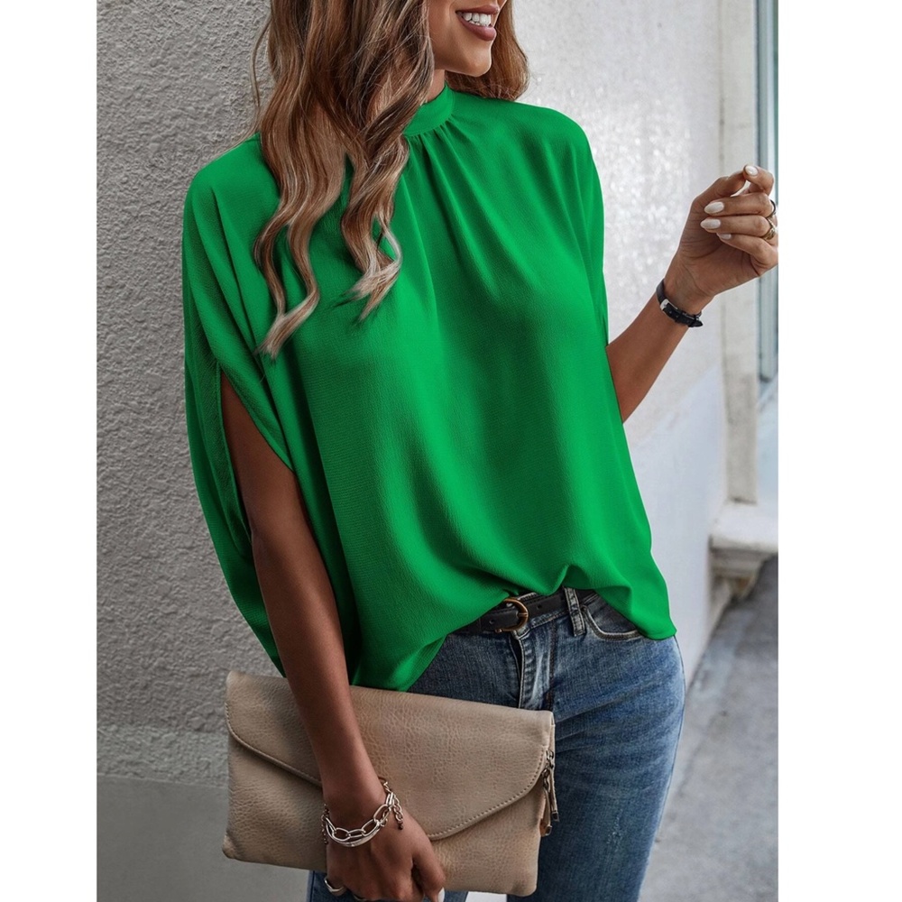 Green Blouse Top Flowy, High Neck